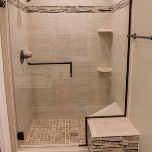 Bathroom - mid-sized modern master ceramic tile bathroom idea in Denver with raised-panel cabinets, medium tone wood cabinets and a one-piece toilet