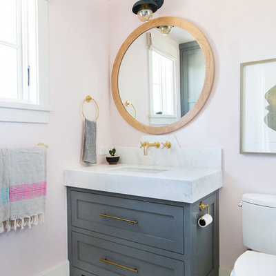 Beach style mosaic tile floor and multicolored floor bathroom photo in Orange County with shaker cabinets, gray cabinets, pink walls, an undermount sink and white countertops
