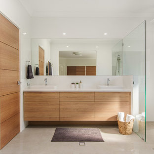 Design ideas for a large contemporary 3/4 bathroom in Perth with flat-panel cabinets, medium wood cabinets, an open shower, yellow tile, ceramic tile, ceramic floors, a vessel sink, engineered quartz benchtops, green floor, an open shower and white benchtops.
