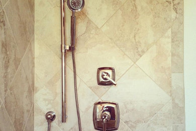 Doorless shower - master beige tile and porcelain tile porcelain tile doorless shower idea in Seattle with quartz countertops
