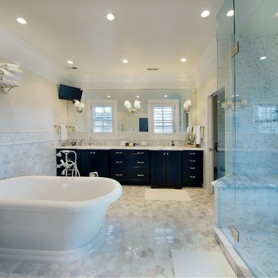 Inspiration for a contemporary subway tile freestanding bathtub remodel in Denver