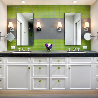 Example of a trendy kids' green tile and glass tile bathroom design in San Francisco with an undermount sink, shaker cabinets and white cabinets