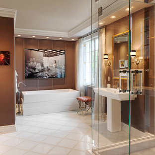 Inspiration for a contemporary freestanding bathtub remodel in Milwaukee with a pedestal sink and brown walls