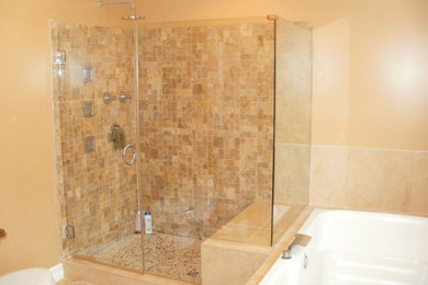 Bathroom - mid-sized transitional master porcelain tile bathroom idea in New York with a two-piece toilet and beige walls