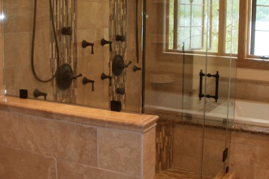 Inspiration for a mid-sized contemporary master ceramic tile bathroom remodel in New York with beige walls