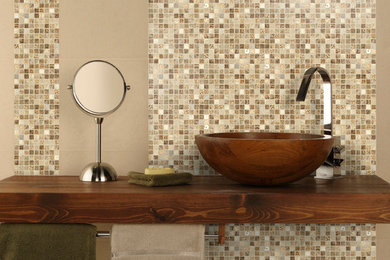 Photo of a contemporary bathroom in Other with beige tiles and beige walls.