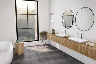 他の地域にあるコンテンポラリースタイルのおしゃれな浴室 (ライムストーンの床、グレーの床) の写真