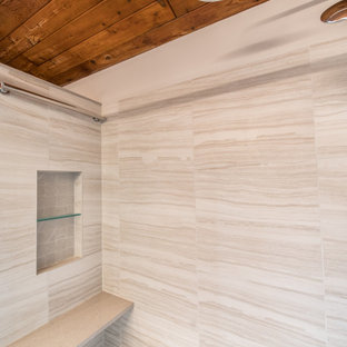 Mid-sized eclectic master bathroom in DC Metro with furniture-like cabinets, grey cabinets, an alcove shower, a one-piece toilet, white walls, porcelain floors, an integrated sink, engineered quartz benchtops, grey floor, a hinged shower door, beige benchtops, a shower seat, a double vanity, a floating vanity and exposed beam.