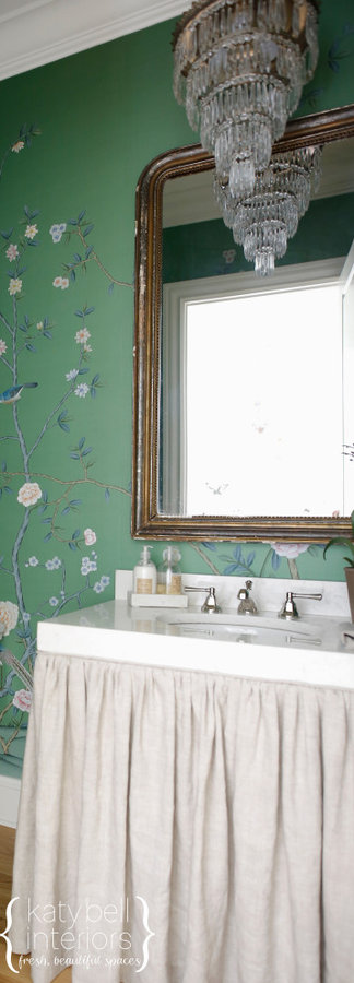 Powder Room and Hand Painted Floral Wall Covering
