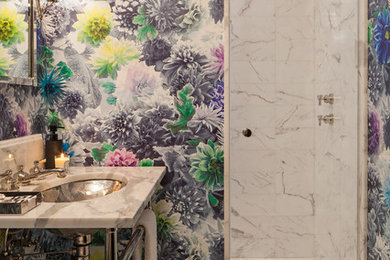 Inspiration for a small transitional white tile and stone tile mosaic tile floor alcove shower remodel in New York with a console sink, marble countertops and multicolored walls