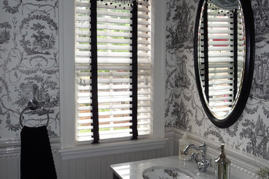 Powder Room with Black and White toile wallpaper