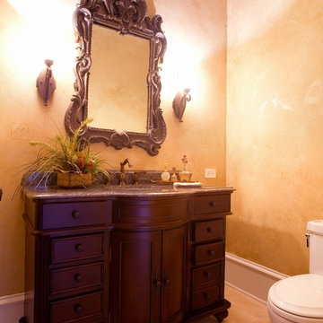 Powder Room with STained Wood Vanity, Traditional Ornate Mirror