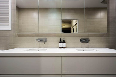Ejemplo de cuarto de baño principal moderno con armarios tipo vitrina, sanitario de una pieza, baldosas y/o azulejos marrones, baldosas y/o azulejos de cerámica, paredes blancas, lavabo integrado y encimera de granito