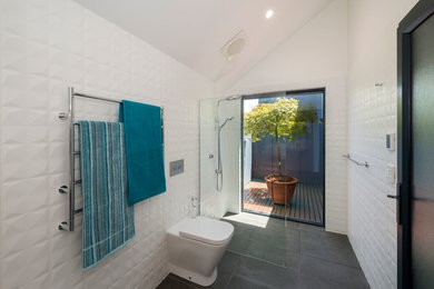 Diseño de cuarto de baño moderno con ducha a ras de suelo, sanitario de una pieza y paredes blancas