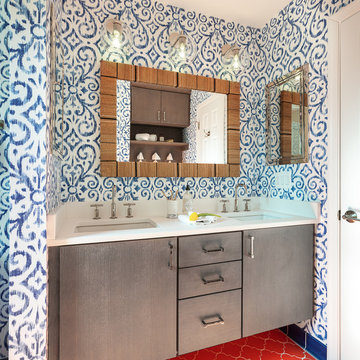 Preppy Boho Vanity with Patterned Bathroom Floor Tiles