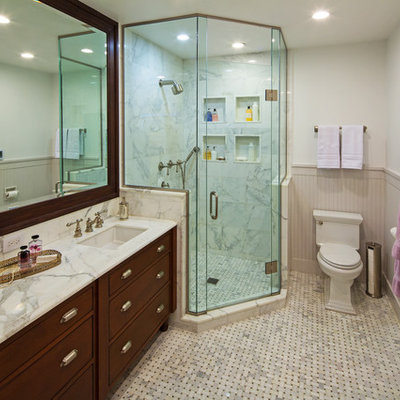 Example of a classic mosaic tile corner shower design in Chicago with marble countertops