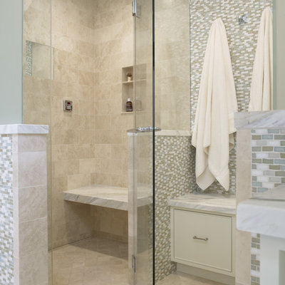 Inspiration for a timeless mosaic tile shower bench remodel in San Francisco with a niche