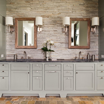 Example of a transitional beige tile and stone tile bathroom design in Richmond with shaker cabinets, gray cabinets and soapstone countertops