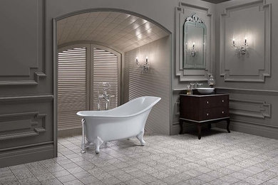 Example of a large classic master gray tile and ceramic tile ceramic tile claw-foot bathtub design in New York with a vessel sink, dark wood cabinets, granite countertops and gray walls