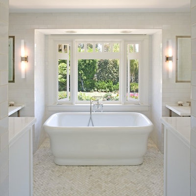 Freestanding bathtub - large traditional master subway tile mosaic tile floor freestanding bathtub idea in San Diego with marble countertops and white walls