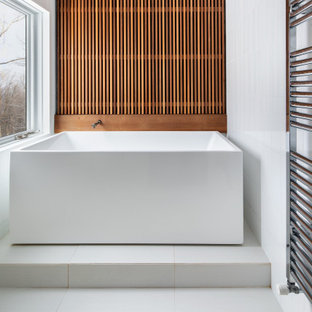 Bathroom - mid-sized contemporary master white tile and porcelain tile wood wall, ceramic tile and white floor bathroom idea in Boston with open cabinets, white walls and a hinged shower door
