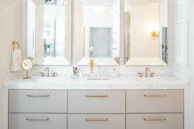 Example of a classic master white tile and marble tile double-sink bathroom design in Other with white cabinets, marble countertops, white countertops and a built-in vanity