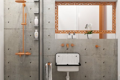 Foto de cuarto de baño urbano pequeño con sanitario de pared, paredes grises, suelo de baldosas de cerámica y lavabo suspendido