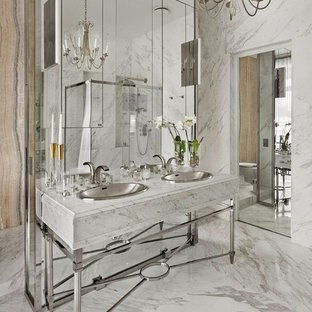 Inspiration for a large contemporary marble tile marble floor and white floor corner shower remodel in Moscow with marble countertops, white walls and a drop-in sink