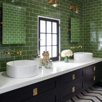 Transitional master green tile and subway tile multicolored floor bathroom photo in Los Angeles with shaker cabinets, black cabinets, green walls and a vessel sink