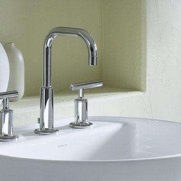 Purist Faucet in Chrome mounted on the Chord Wading Pool Sink in White, by KOHLE