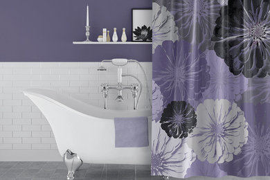 Пример оригинального дизайна: ванная комната в стиле фьюжн с шторкой для ванной