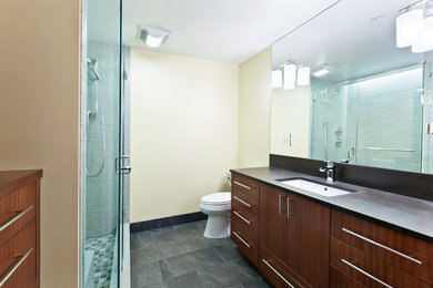 На фото: ванная комната в современном стиле с врезной раковиной, плоскими фасадами, темными деревянными фасадами, столешницей из гранита, душем в нише, раздельным унитазом, белой плиткой и керамической плиткой