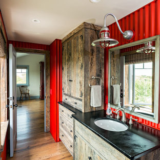 Design ideas for a country bathroom in Boston with medium wood cabinets, red walls, medium hardwood floors and an undermount sink.