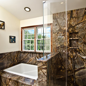 Rainforest Brown Granite vanity, tub surround, and shower wall