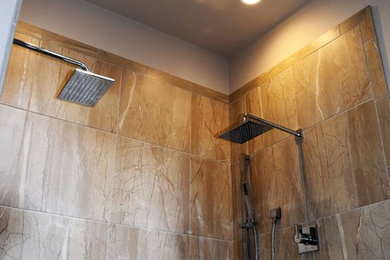 Inspiration for a mid-sized contemporary master porcelain tile double shower remodel in Portland