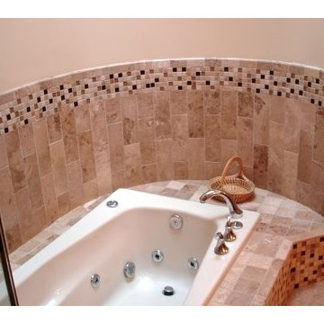 raleigh bath remodel - travertine and glass, contemporary