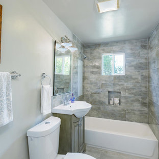 Bathroom - small country 3/4 gray tile and ceramic tile ceramic tile and gray floor bathroom idea in San Diego with furniture-like cabinets, gray cabinets, gray walls and quartz countertops