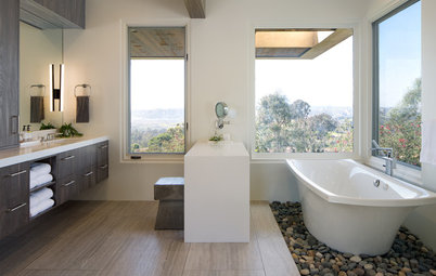 Bathroom Gets Exotic Wood, River Rock and Bigger Views