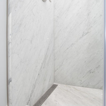 Re-Bath White Carrera Durastone Solid Wall Panels with Linear Drain