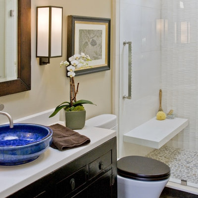 Elegant shower bench photo in Los Angeles with a vessel sink
