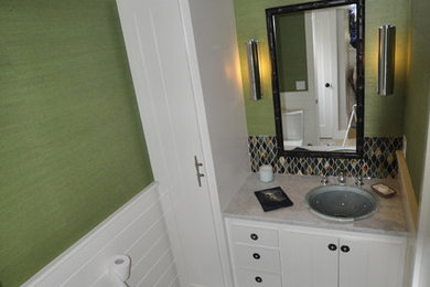 Bathroom - small coastal bathroom idea in Providence with a drop-in sink