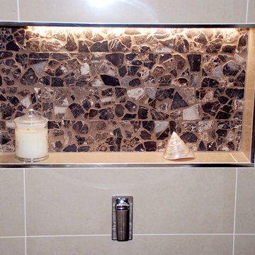 Recessed shower shelf with pebble finish and LEDs