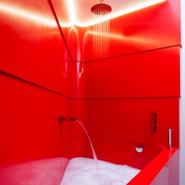 Red Bathroom, Bespoke Krion Bath and Thermoformed Walls