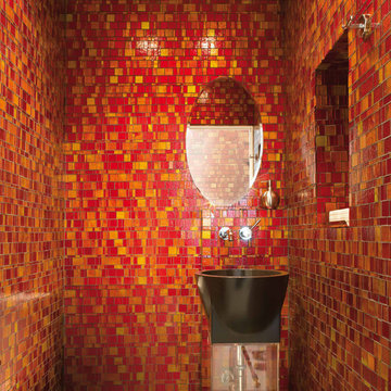 Red bathroom with glass mosaic