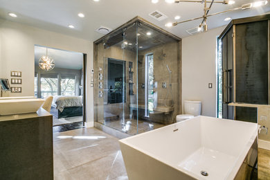 Inspiration for a large contemporary master gray tile and ceramic tile ceramic tile and beige floor bathroom remodel in Dallas with flat-panel cabinets, dark wood cabinets, a two-piece toilet, gray walls, a vessel sink, quartzite countertops and a hinged shower door