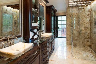 Elegant bathroom photo in Atlanta with beaded inset cabinets and medium tone wood cabinets