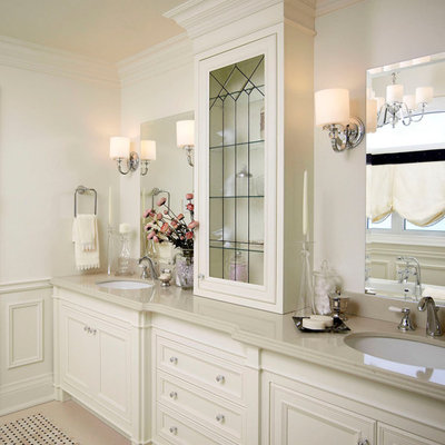 Inspiration for a mid-sized timeless master mosaic tile ceramic tile bathroom remodel in Toronto with recessed-panel cabinets, white cabinets, white walls, an undermount sink, quartz countertops and beige countertops