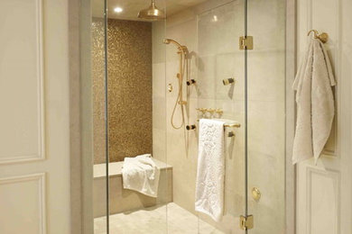 Inspiration for a large timeless master travertine floor bathroom remodel in Toronto with recessed-panel cabinets, dark wood cabinets, beige walls, an undermount sink and granite countertops