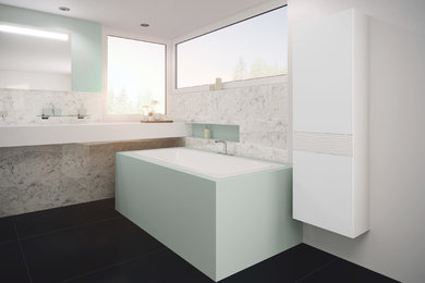 Aménagement d'une salle de bain contemporaine avec du carrelage en marbre et un mur multicolore.