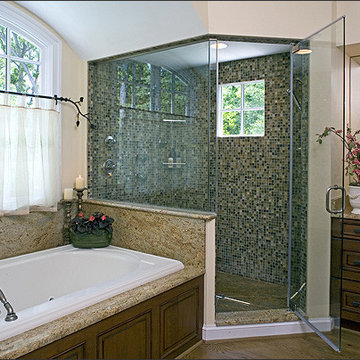 Earth Tone Mosaic Tiles in Master Shower